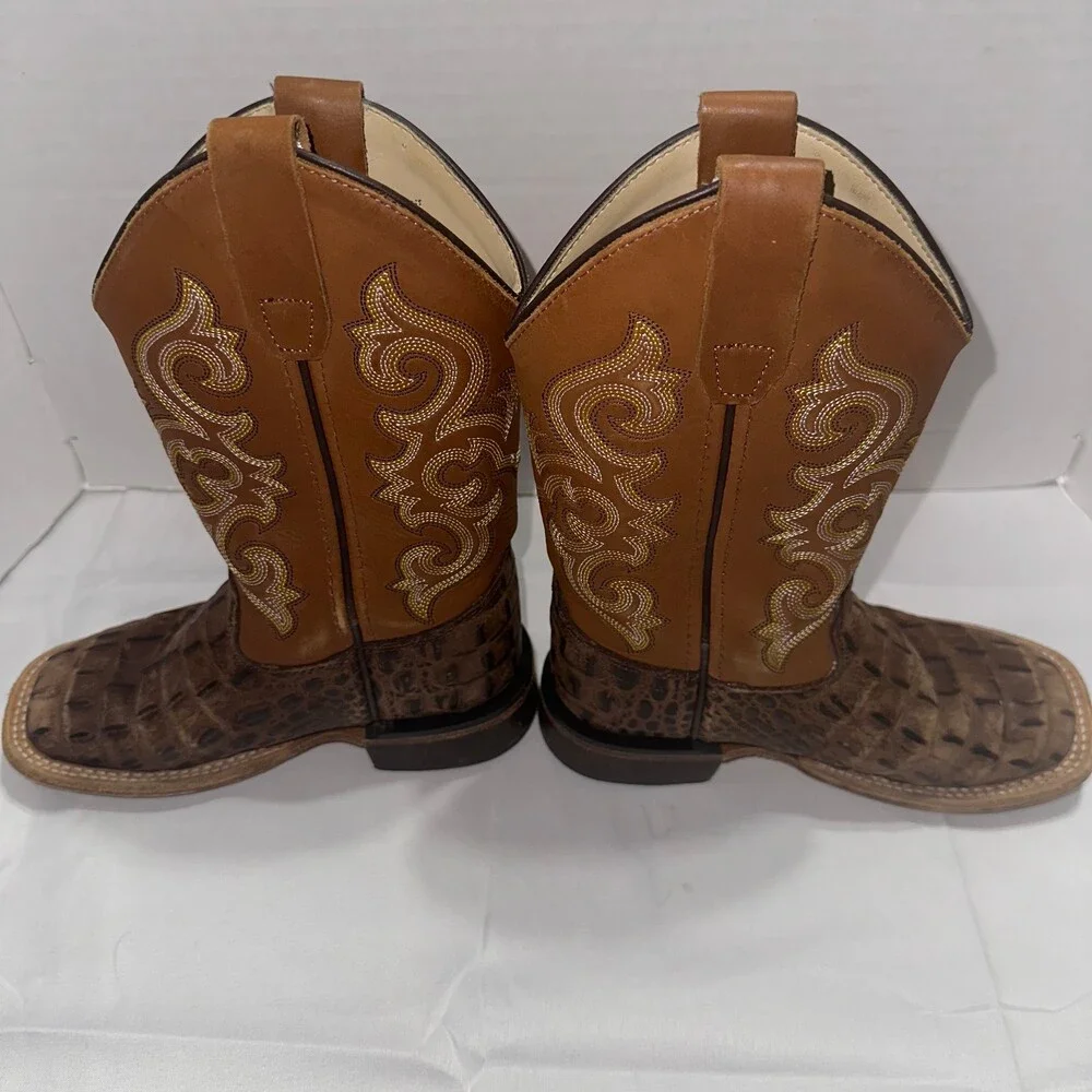 Old West Kids 12.5 D Cowboy Boots Brown Croc Embossed Leather Square Toe